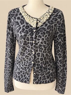 Leopard Print Angora Pearl Neckline Cardigan S